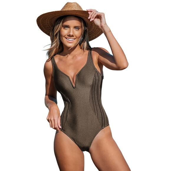 Cupshe Women's Chocolate Brown V Wire Cheeky One Piece Swimsuit Size Small - Picture 1 of 7